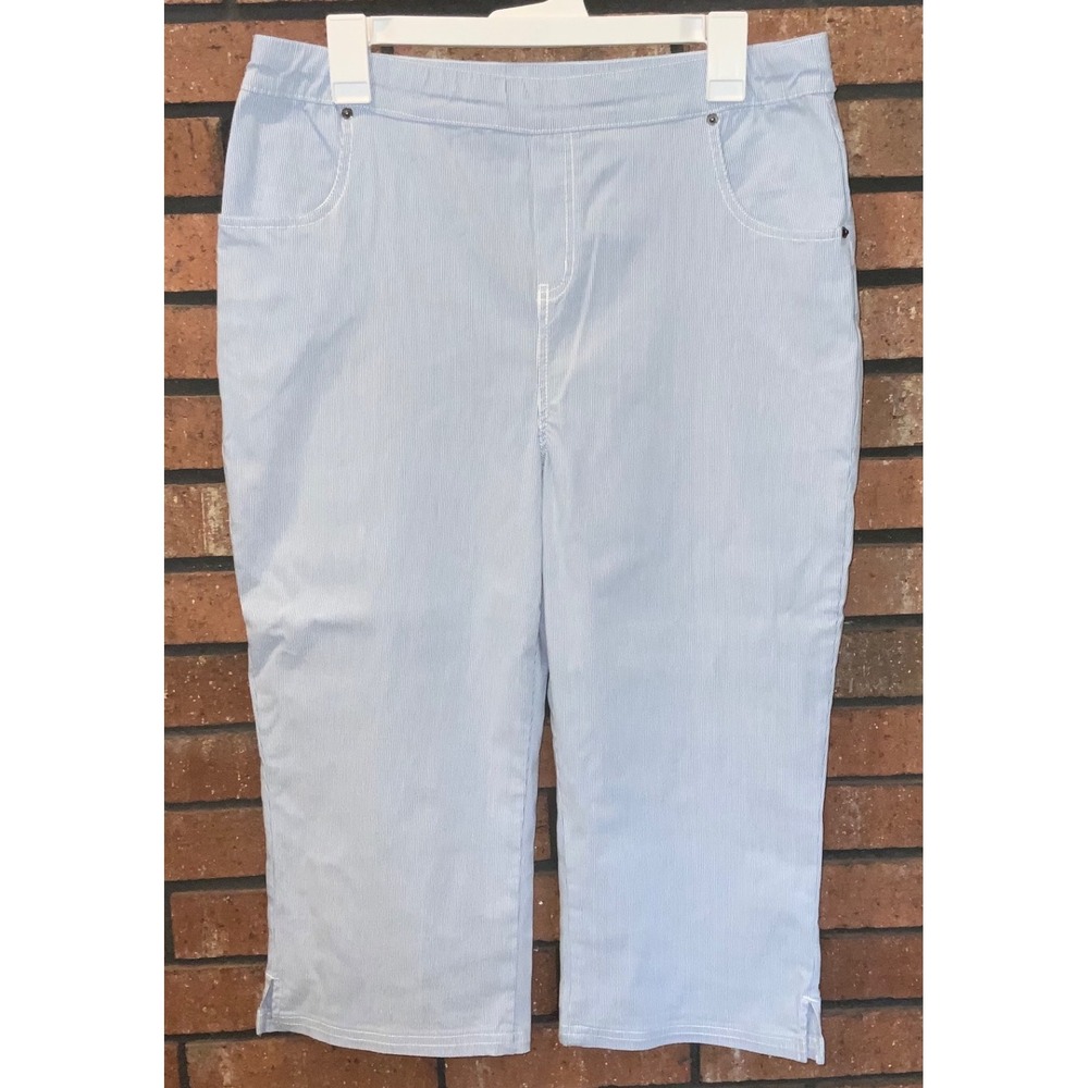 HUE Womens Blue White Striped Pull On Capri Pants Cropped Stretchy Size L